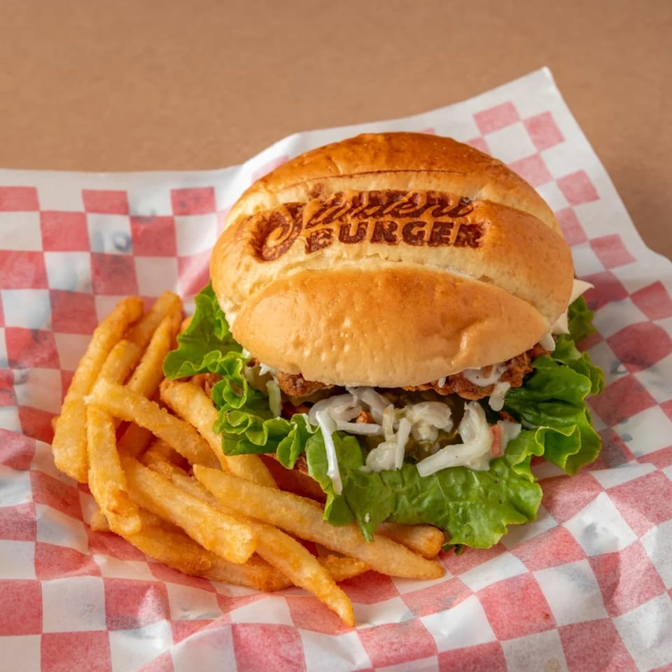 A Student Burger chicken sandwich with lettuce, coleslaw, and pickles, served with golden fries.