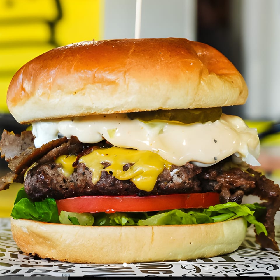 A STUDENT BURGER with a beef patty, cheese, lettuce, tomato, pickles, and white sauce.