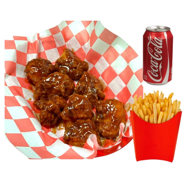 6 Pc Boneless Wings Combo: Fries + drink.
